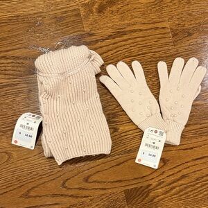 Zara Kids Beige Knit Scarf and Gloves Set with Pearls